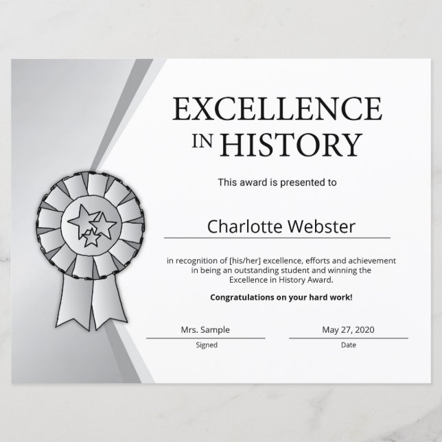 Silver Excellence in History Certificate Award (Front)