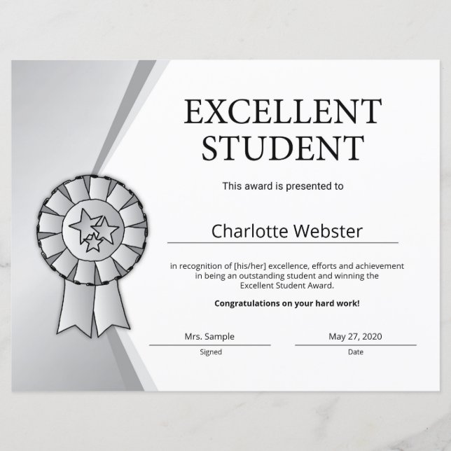 Silver Excellent Student Award Honour Certificate (Front)