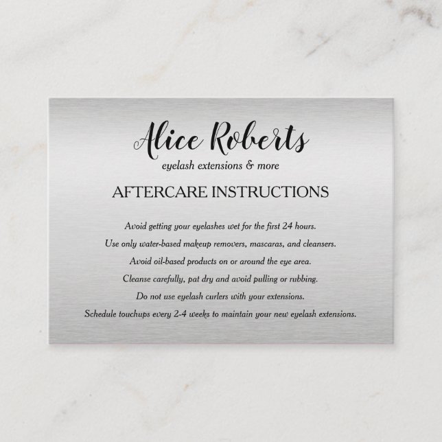 Silver Eyelashes  Brow Bar Aftercare Instructions Business Card (Front)