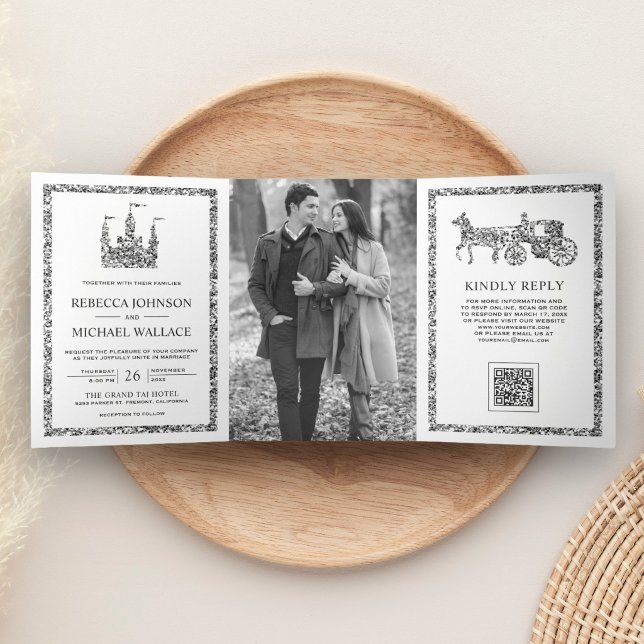 Silver Fairytale Castle Carriage QR Code Wedding Tri-Fold Invitation (Creator Uploaded)