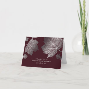Silver Fall Leaves Burgundy Wedding Thank You Card