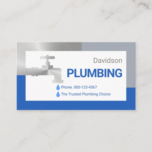 Silver Faucet Dripping Water Droplets Business Card (Front)