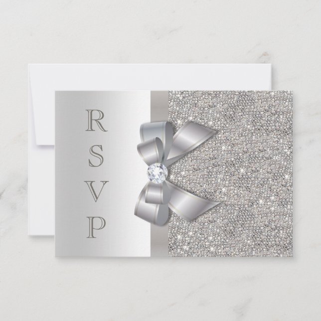 Silver Faux Bow & Diamonds RSVP Card (Front)