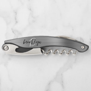 Silver Faux Brushed Metal Monogram Script Corkscrew
