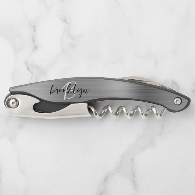 Silver Faux Brushed Metal Monogram Script Corkscrew (Front)