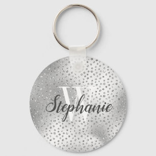 Silver Faux Diamond Confetti Pattern Monogram Key Ring