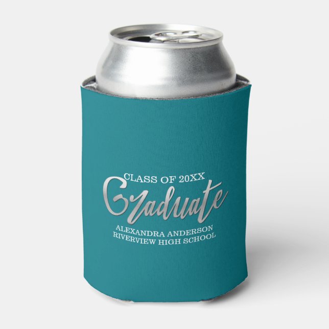 Silver Faux Foil Graduation Any Colour Background Can Cooler (Can Front)