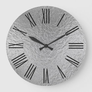 Silver Faux Foil Texture Black Roman Numerals Large Clock