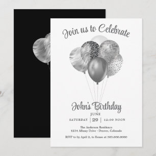 Silver Faux Glitter Balloon Birthday Party Invitation