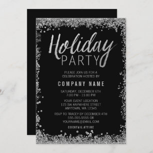 Silver Faux Glitter Black Holiday Party Invitation