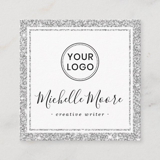 Silver faux glitter border custom logo elegant square business card (Front)
