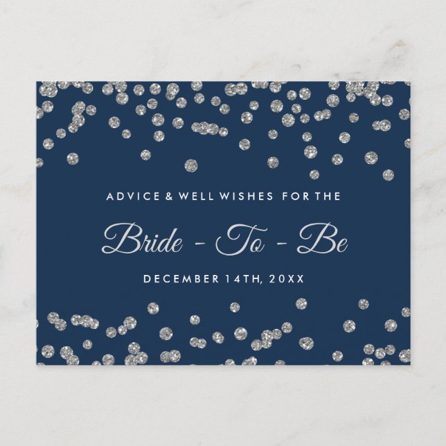 Silver Faux Glitter Confetti Navy Bridal Advice Card (Front)
