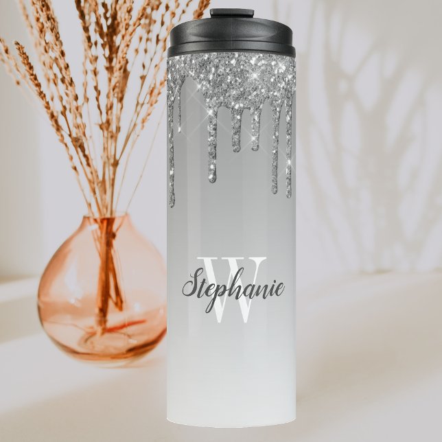 Silver Faux Glitter Drip Sparkle Ombre Monogram Thermal Tumbler (Creator Uploaded)