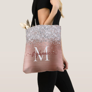 Silver Faux-Glitter Girly Glam Brown Personalised Tote Bag