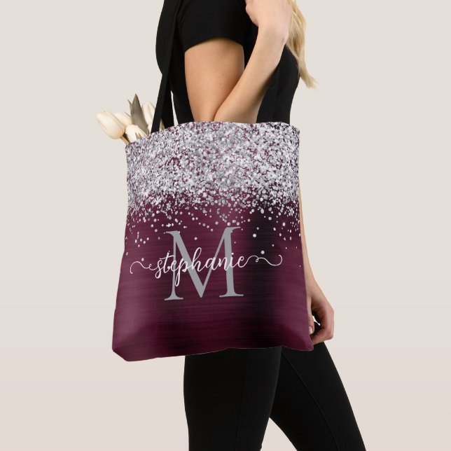 Silver Faux-Glitter Girly Glam Burgundy Personaliz Tote Bag (Close Up)