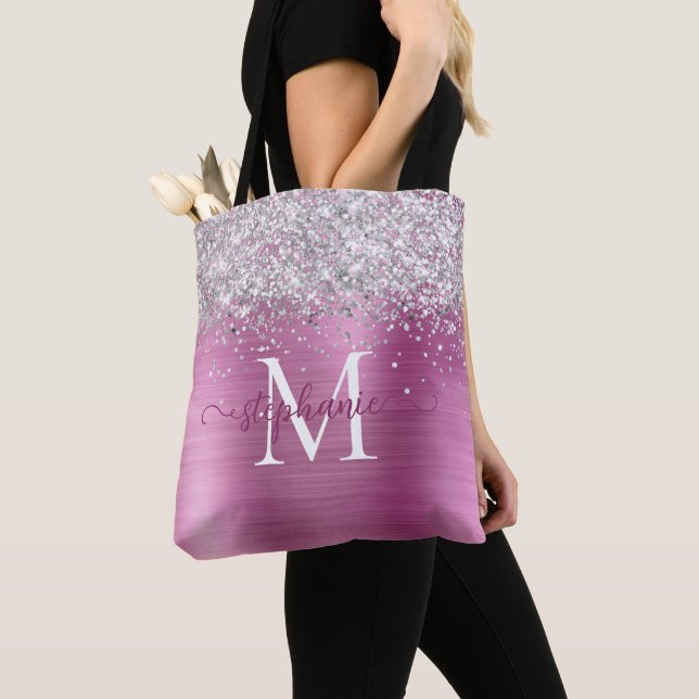 Silver Faux-Glitter Girly Glam Pink Personalised Tote Bag (Close Up)