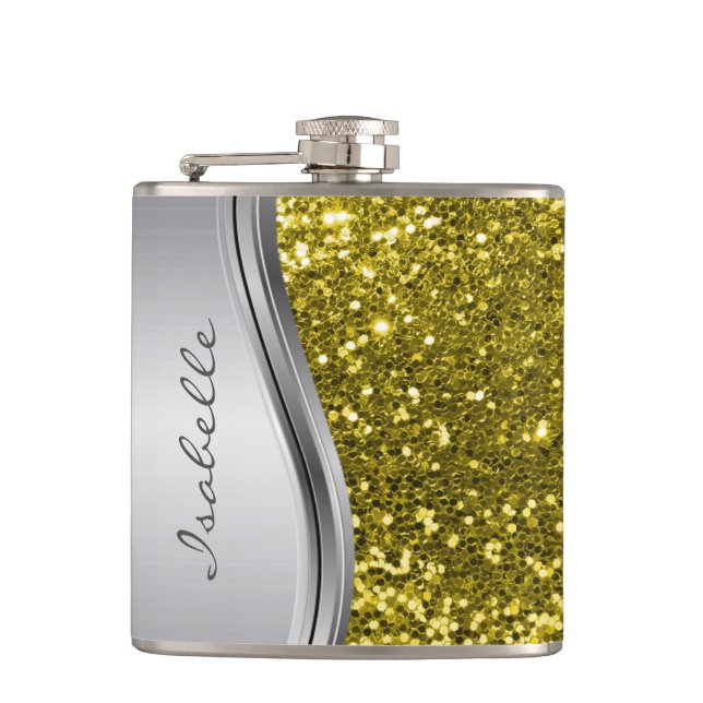 Silver Faux Glitter Glam Bling Personalised  Hip Flask (Front)