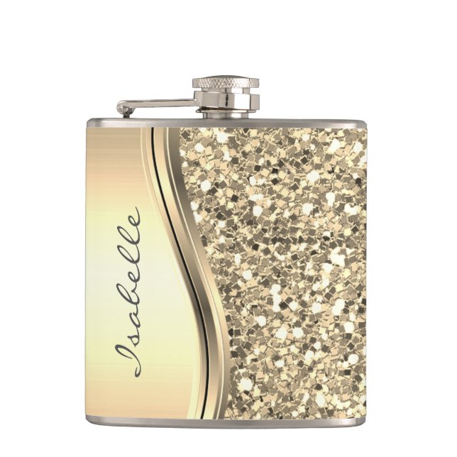 Silver Faux Glitter Glam Bling Personalised Metal Hip Flask (Front)