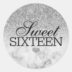 Silver Faux Glitter/Marble Sweet 16 Classic Round Sticker
