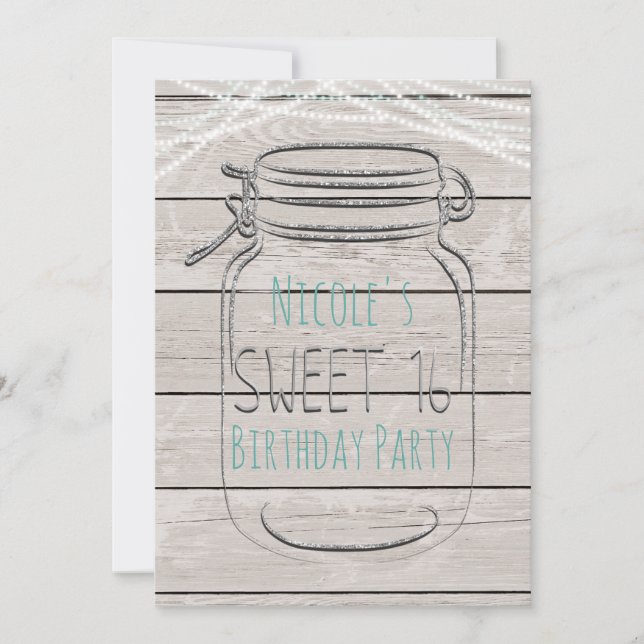 Silver Faux Glitter Mason Jar Sweet 16 Invitation (Front)