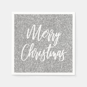 Silver Faux Glitter Merry Christmas Calligraphy Napkin