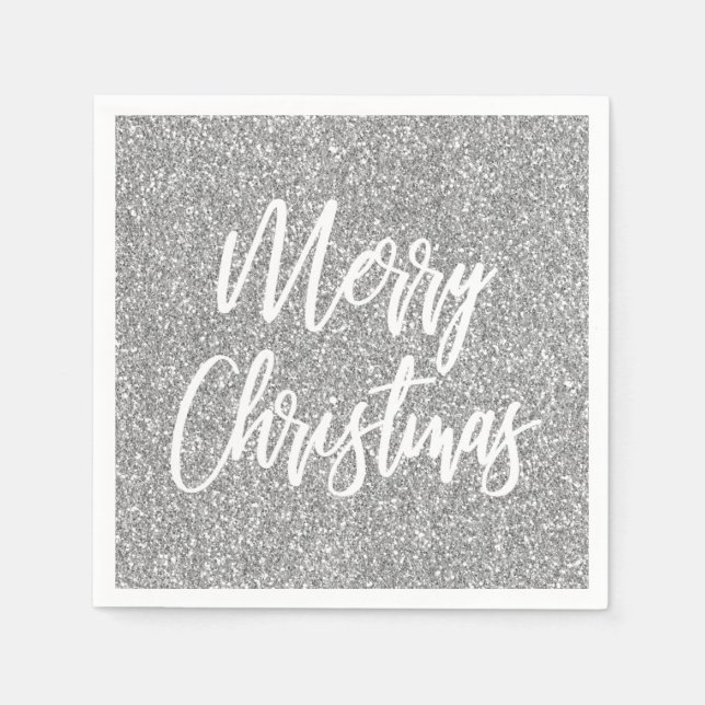 Silver Faux Glitter Merry Christmas Calligraphy Napkin (Front)