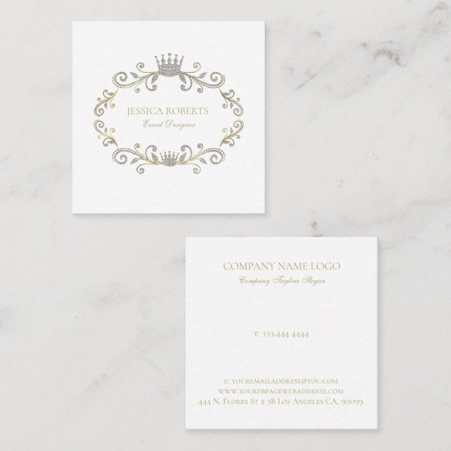 Silver Faux Glitter Ornate Crown Frame  Square Business Card (Front/Back)