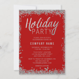 Silver Faux Glitter Red Holiday Party Invitation