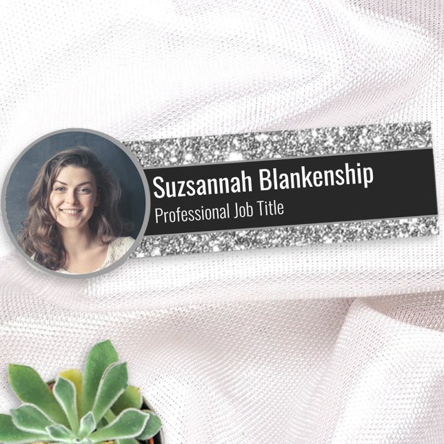 Silver Faux Glitter Replaceable Photo or Logo Name Tag (Creator Uploaded)