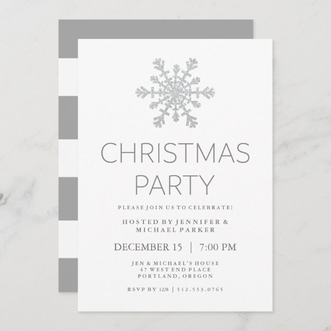 Silver Faux Glitter Snowflake Christmas Party Invitation (Front/Back)