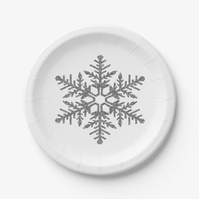 Silver Faux Glitter Snowflake Paper Plate (Front)