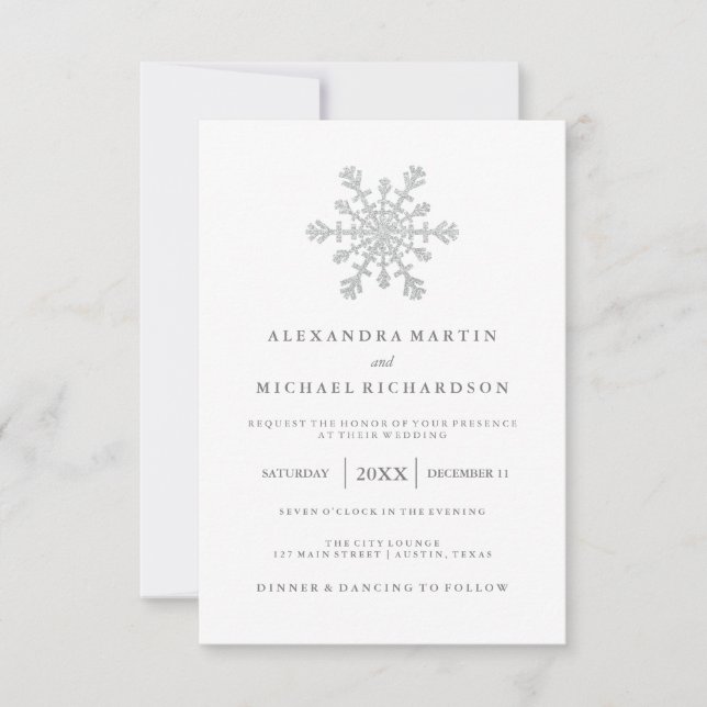 Silver Faux Glitter Snowflake Wedding RSVP Card (Front)