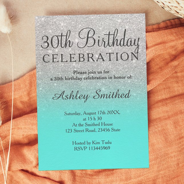 Silver faux glitter teal ocean ombre 30th birthday invitation (Creator Uploaded)