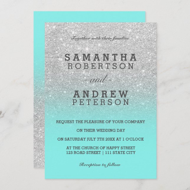 Silver faux glitter teal ocean ombre chic wedding invitation (Front/Back)