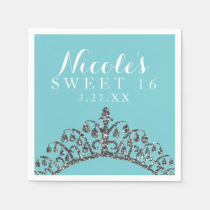 Silver Faux Glitter Tiara Crown Birthday Party Napkin