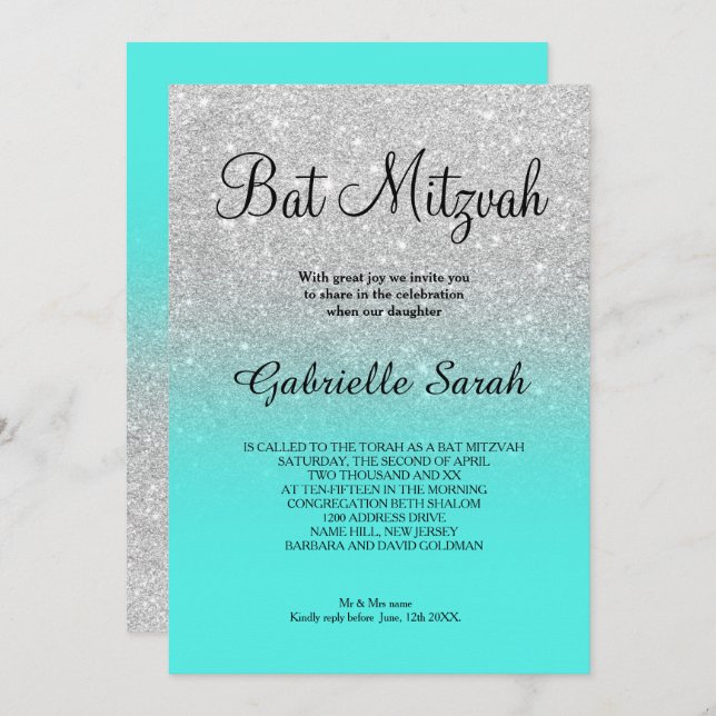 SIlver faux glitter turquoise ombre Bat Mitzvah Invitation (Front/Back)