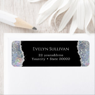 Silver faux iridescent glitter return address label