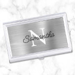 Silver Faux Metallic Foil Monogram Business Card Holder<br><div class="desc">Create your own black and white monogrammed modern minimalist business card case.
Modern monoline style script for her name over a more classic style monogram font.
The background features a faux silver grey brushed metal style ombre gradient foil that prints like a photo.</div>