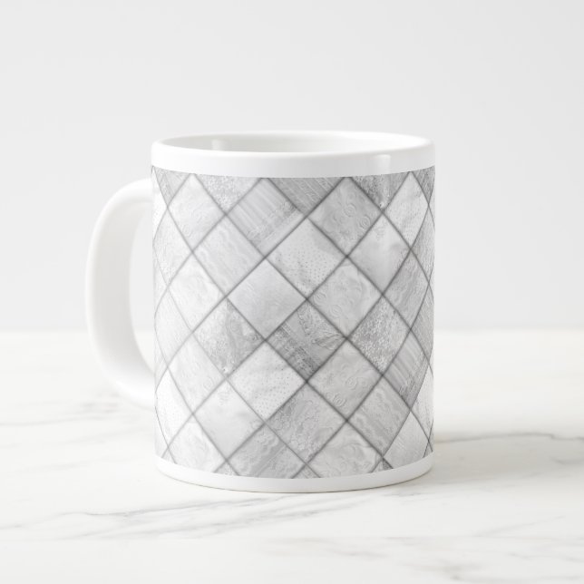 Silver Faux Patchwork Quilting Pattern Large Coffee Mug (Front Left)