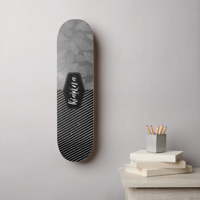 Silver Feathers Glitter Stripes Monogram    Skateboard (Wall Art)