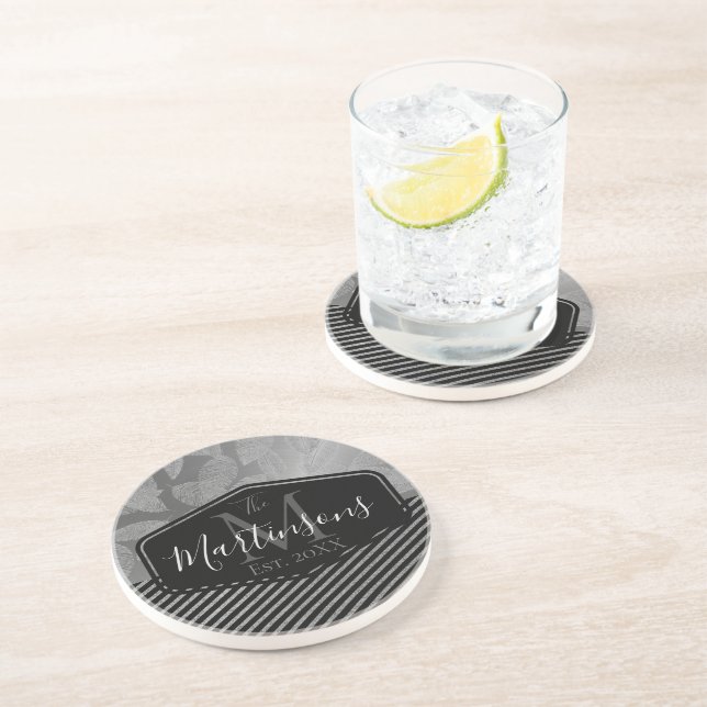 Silver Feathers Silver Stripes Monogram Family Coaster (Side)