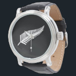 Silver fern flag (NZ) Watch<br><div class="desc">The silver fern motif is associated with New Zealand,  and a silver fern flag may be used as an unofficial flag of New Zealand.

Image attribution: By Bamse - Own work,  CC BY-SA 3.0,  https://commons.wikimedia.org/w/index.php?curid=5160357</div>
