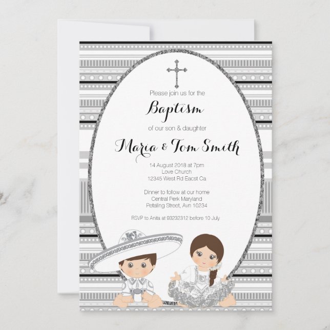 Silver Fiesta Boy & Girl Baptism Christening Invitation (Front)
