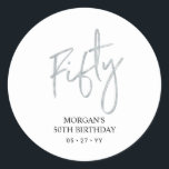 Silver Fifty 50th Birthday Favour Thank you Classic Round Sticker<br><div class="desc">This simple custom thank you sticker will add stylish detail to your special day. This design features silver script lettering " Fifty" with custom text. Matching 50th birthday invitations and party supplies are available in my shop BaraBomDesign.</div>