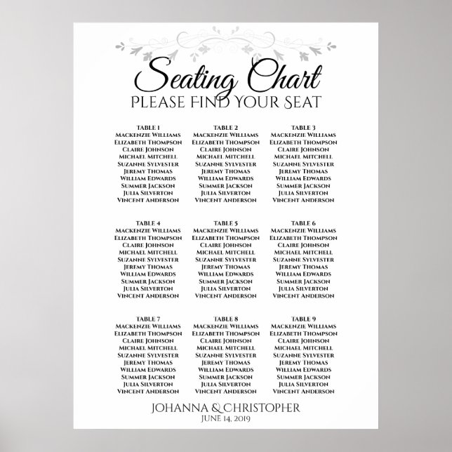 Silver Filigree 9 Table Wedding Seating Chart (Front)
