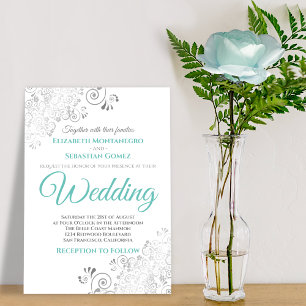 Silver Filigree Aqua and White Elegant Wedding Invitation