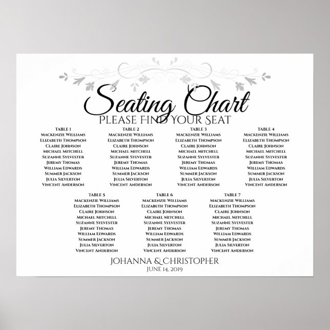 Silver Filigree Chic 7 Table Wedding Seating Chart (Front)