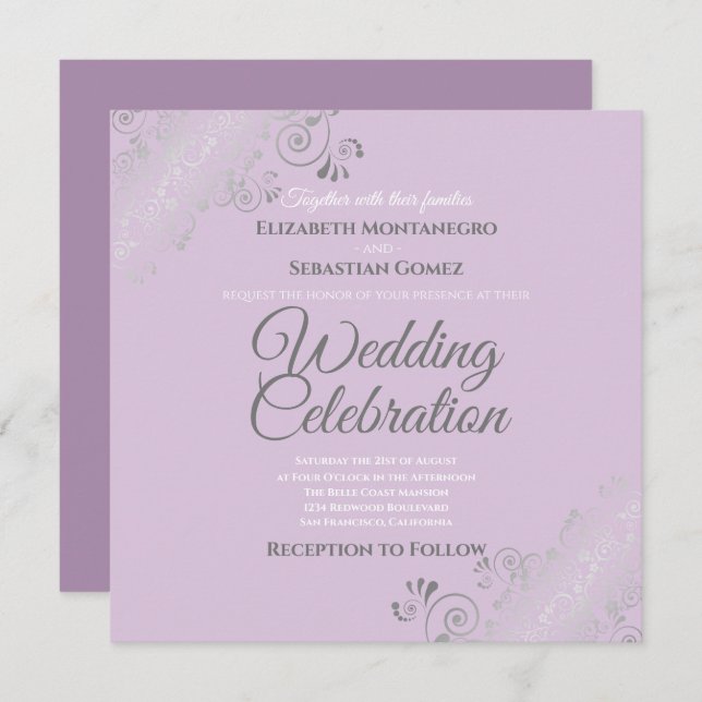 Silver Filigree Elegant Lavender Square Wedding Invitation (Front/Back)