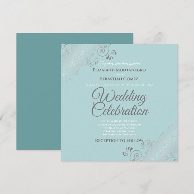 Silver Filigree Elegant Light Teal Square Wedding Invitation (Front/Back)