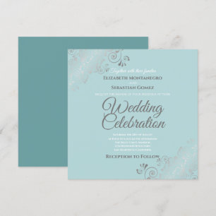 Silver Filigree Elegant Light Teal Square Wedding Invitation